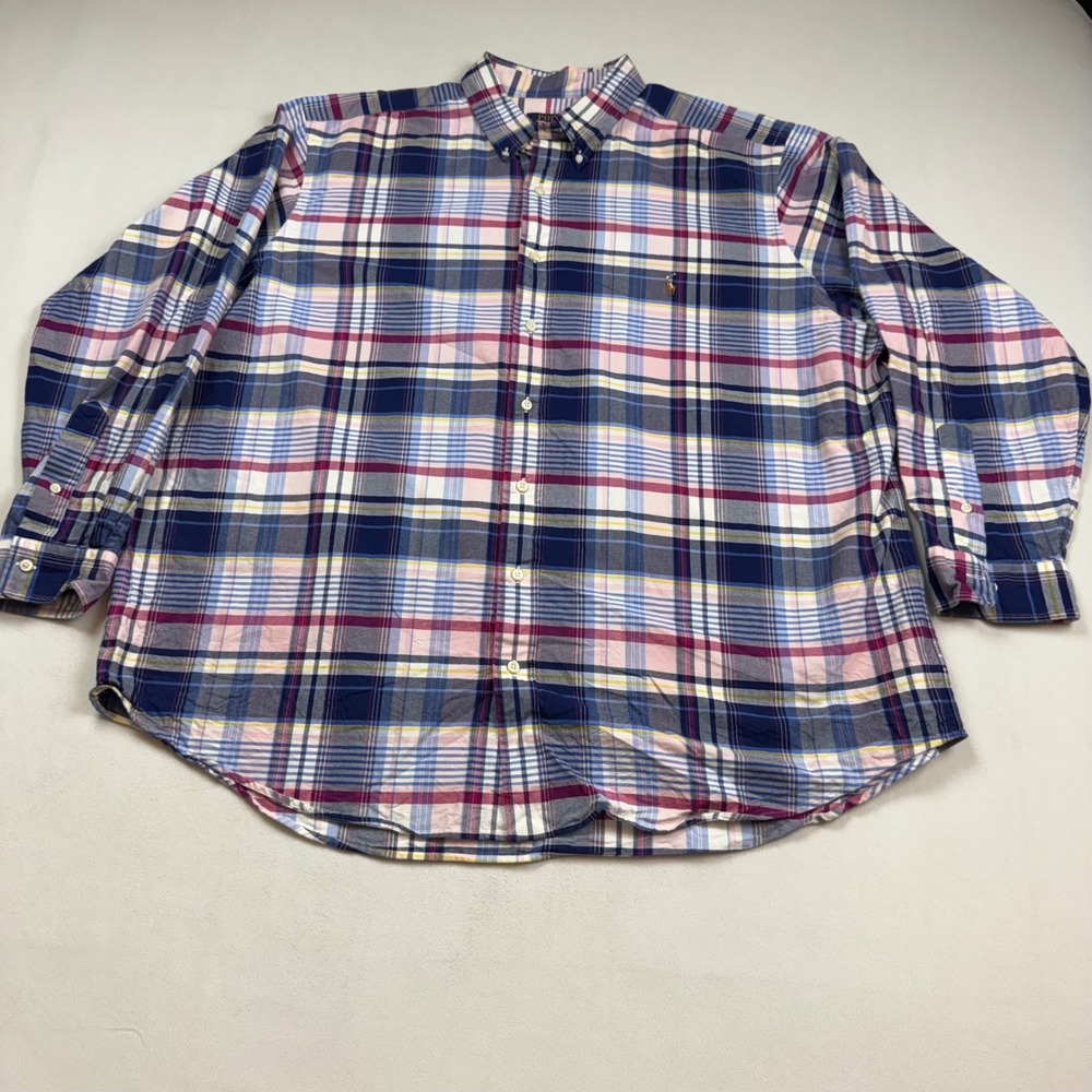 Polo Ralph Lauren‎ Mens 2XB Big Plaid Button Down Shirt Blue Pink Yellow Cotton